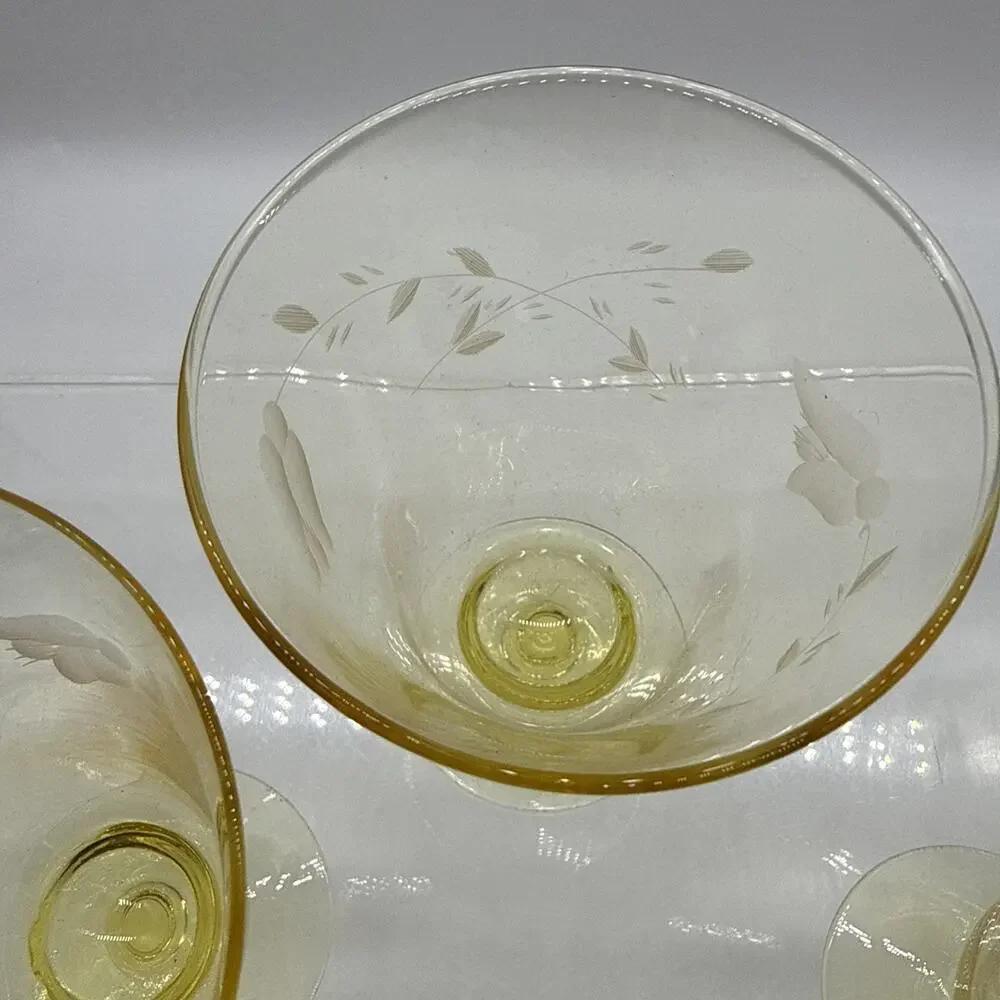 5 Vtg Yellow Depression Glass Footed Parfait Sundae Etched Franciscan Barware